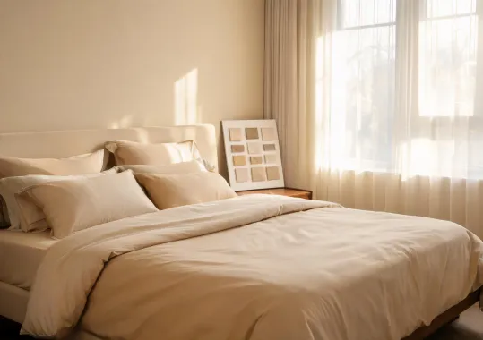 Warm neutral primary bedroom textile palette