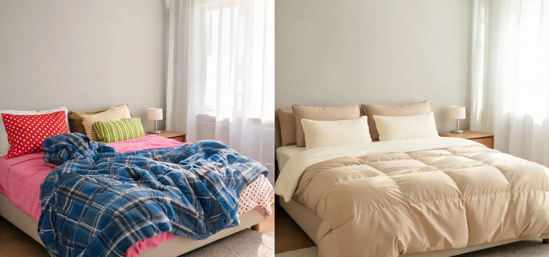 Before and after bedding palette comparison in a calm bedroom