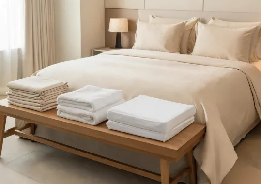 Guest room bedding and bath textile setup