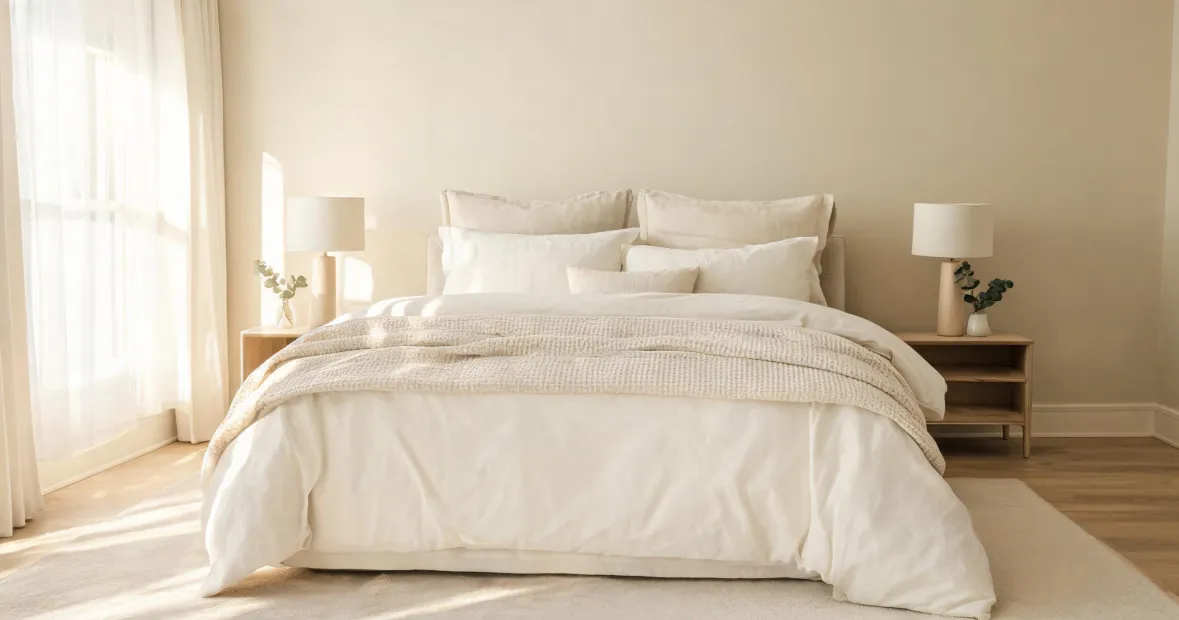 Styled bedroom with coordinated bedding layers