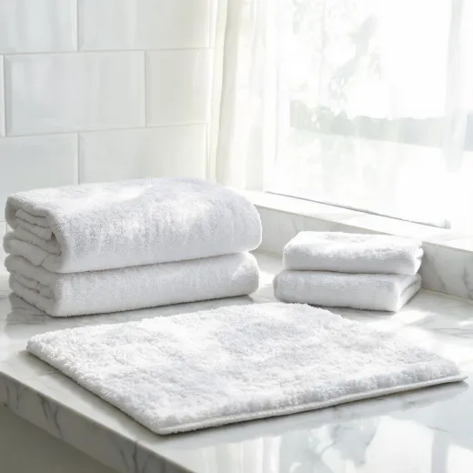 Plush bath towels and bath mat displayed in a bright room