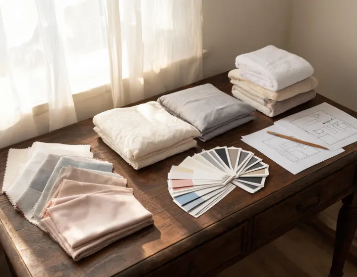 Bedding consultation with fabric swatches and room palette notes